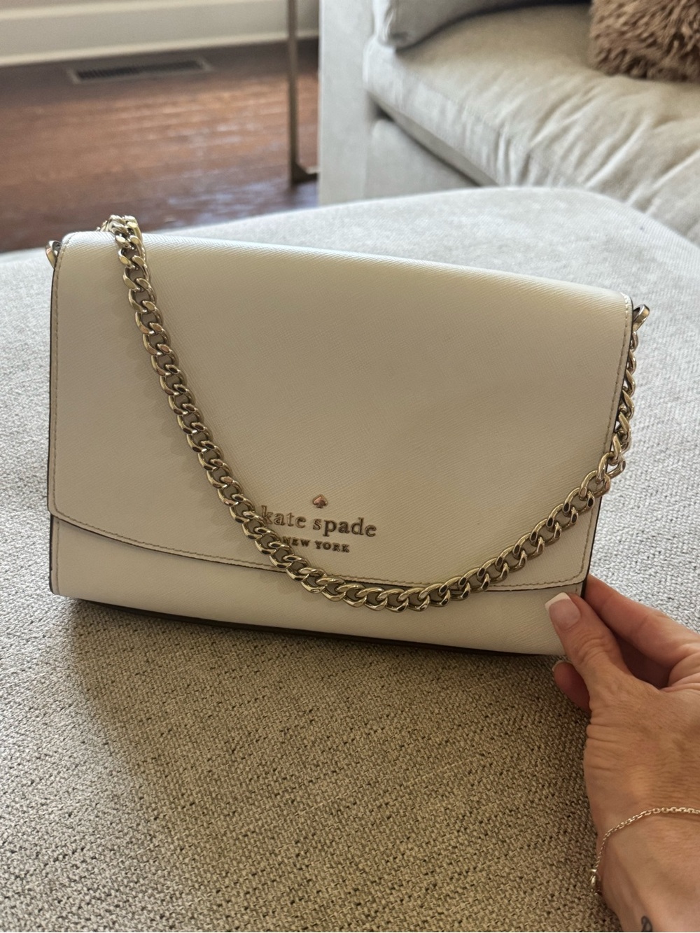 kate spade Cream Leather Shoulder Bag with Gold Chain